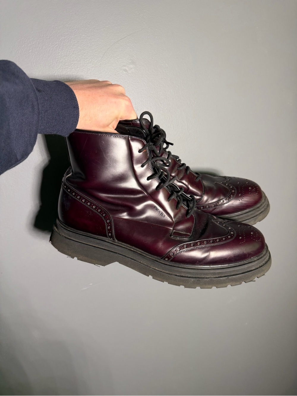 Prada Burgundy Wing Tip Combat Boots Mens Size US 12/UK 11